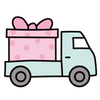 Get Personal Brand Icon - Cartoon truck carrying a pink polka dot gift box with a bow on a white background