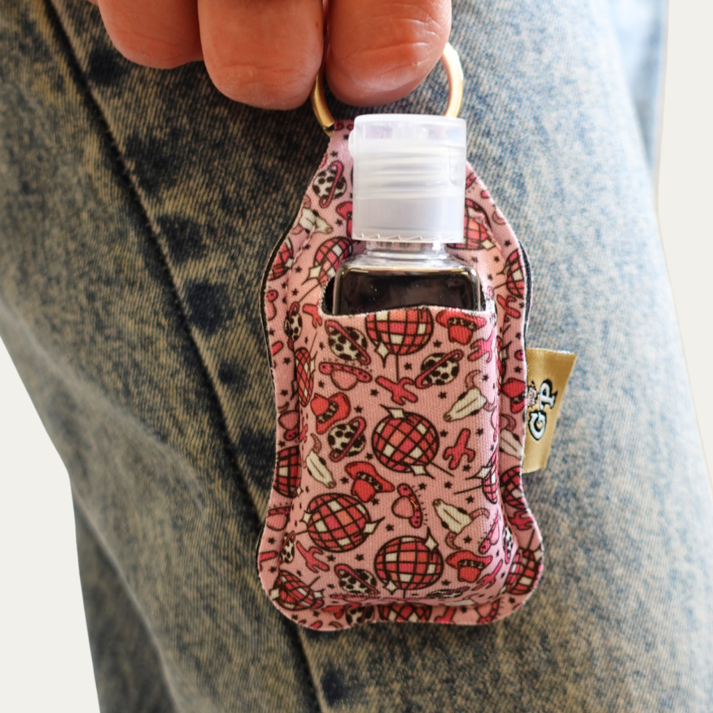 Patterned Keyring clip on pouch & sanitiser bottle/Farbgel case