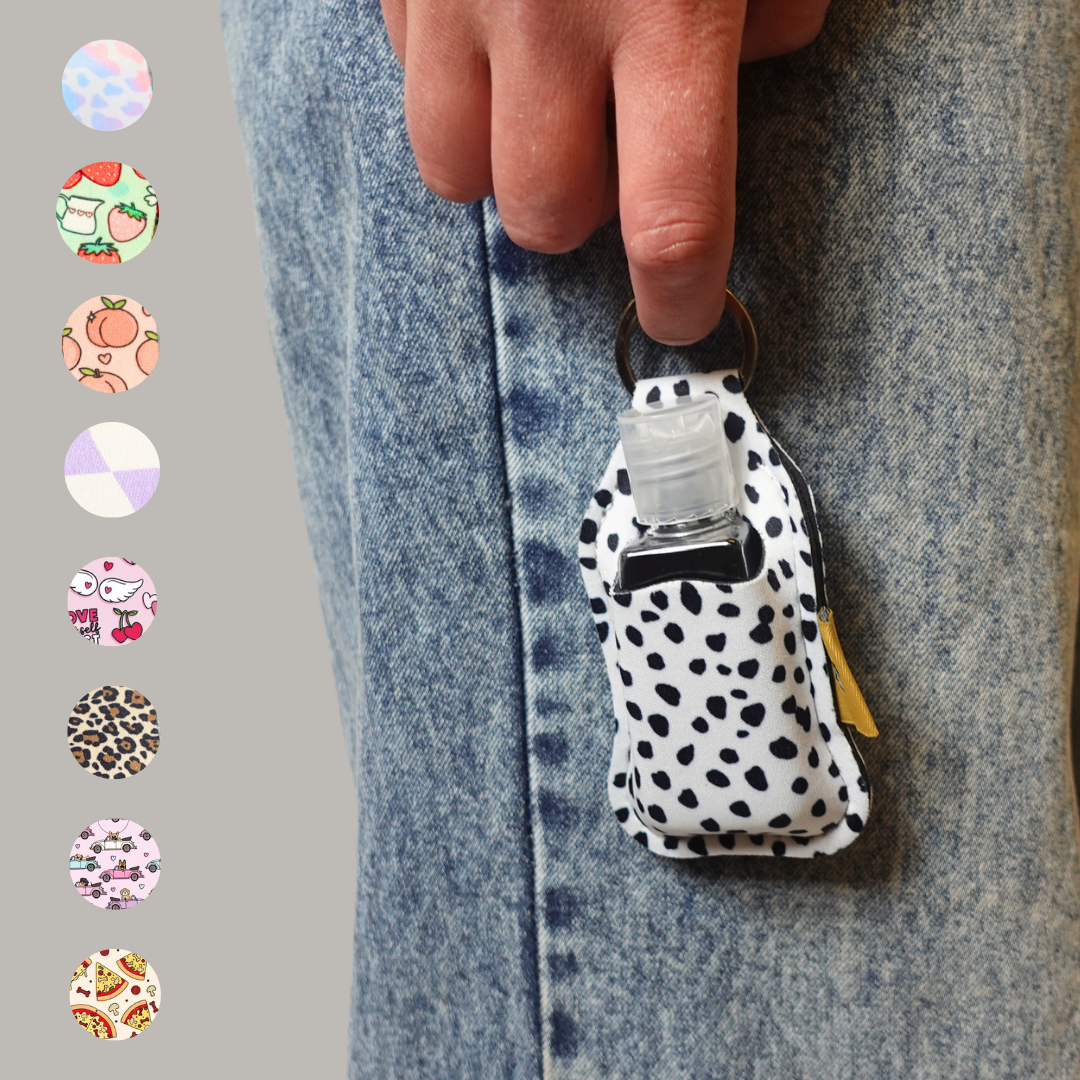 Patterned Keyring clip on pouch & sanitiser bottle/Farbgel case