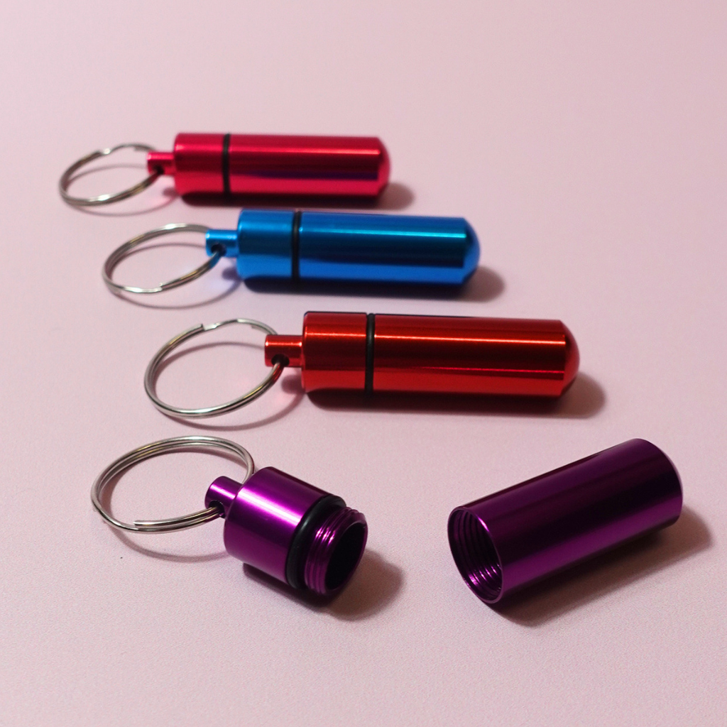 Keyring Pill Box Aluminium Secret Travel Pill Box