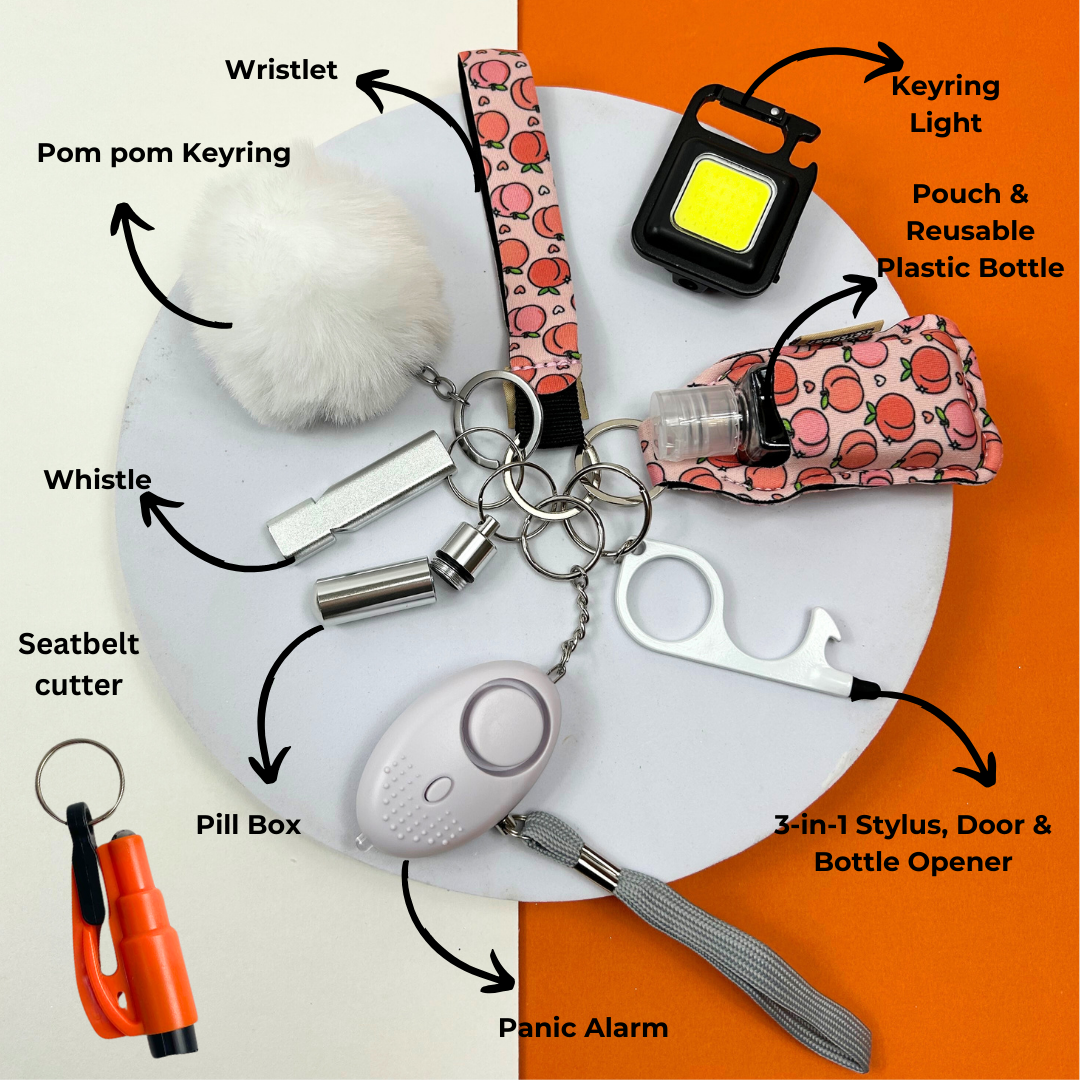 Peachy Perfect All Glam 10 piece UK Legal Safety Keychain Set